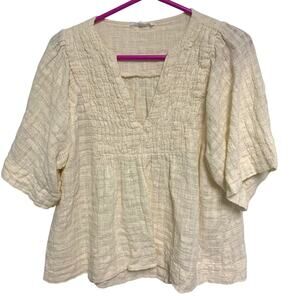 Little Lies Women's Cream Cotton 1/2 Sleeve Loose V-Neck Midi Cut Top Size L